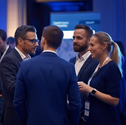 Four professionals engaged in a conversation at a business event with a blurred presentation screen in the background.
