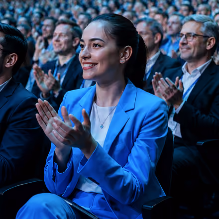 Smiling young woman in a blue suit clapping in an audience at a formal event, surrounded by other applauding attendees.