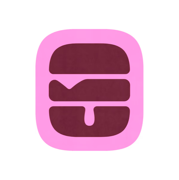 Simplified burger icon with bun, cheese, and dripping sauce in dark maroon on a pink rounded square.
