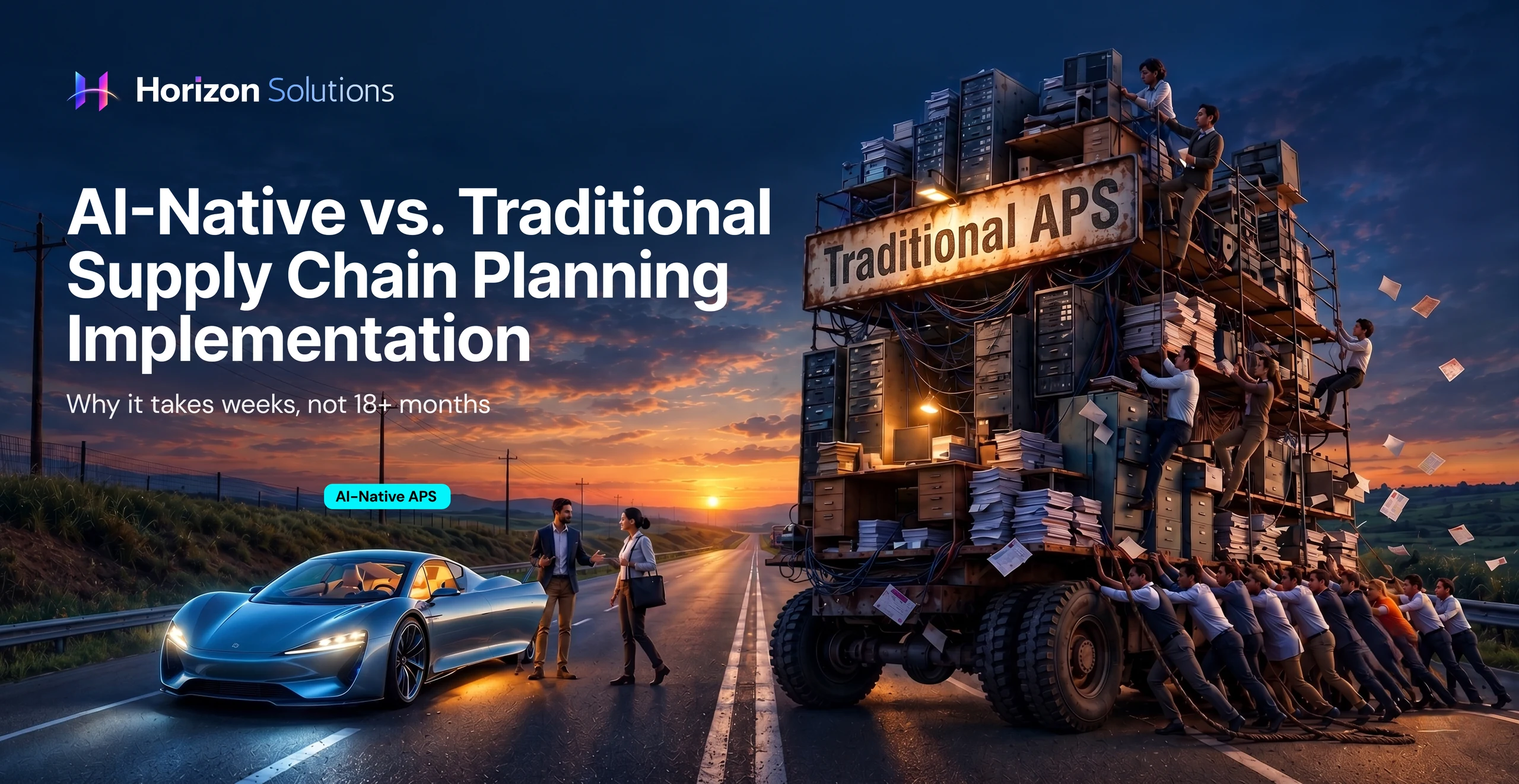 Illustration comparing a fast AI-native supply chain planning implementation to a slow, resource-heavy traditional APS rollout