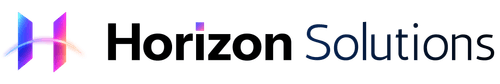 Horizon Solutions logo with a stylized letter H inside a dotted blue circular pattern.