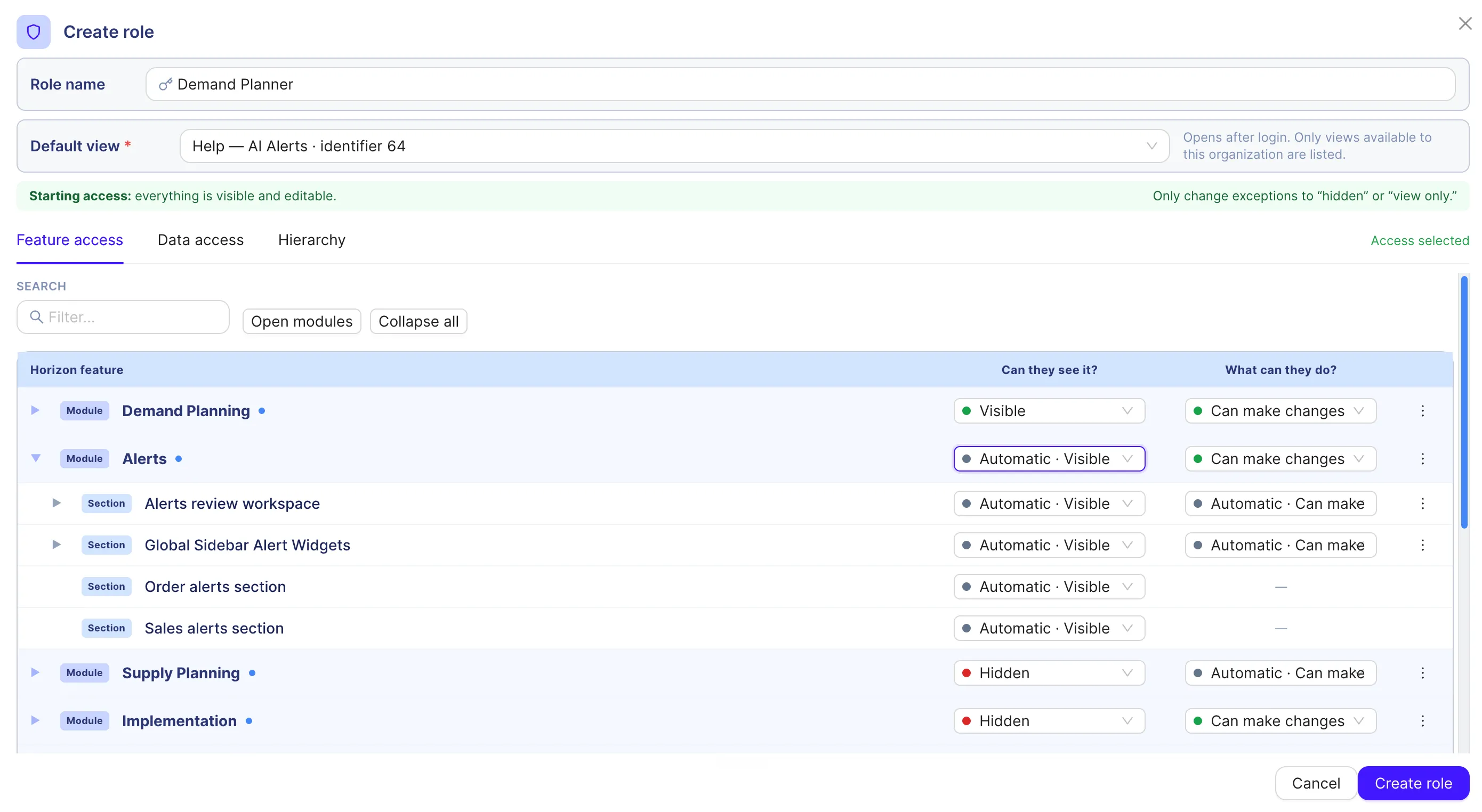 Horizon's role settings control whether each module is visible or hidden, and who can make changes, down to the individual section.