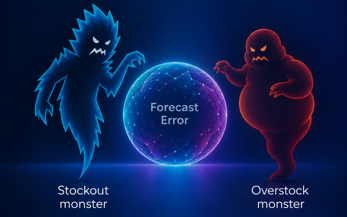 Ebook cover, Don't Let Forecast Error Haunt Your Festivities, a stockout monster and an overstock monster flanking a glowing forecast-error sphere
