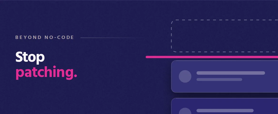 Stop patching. Cover illustration: app cards pressed hard against a pink ceiling line.