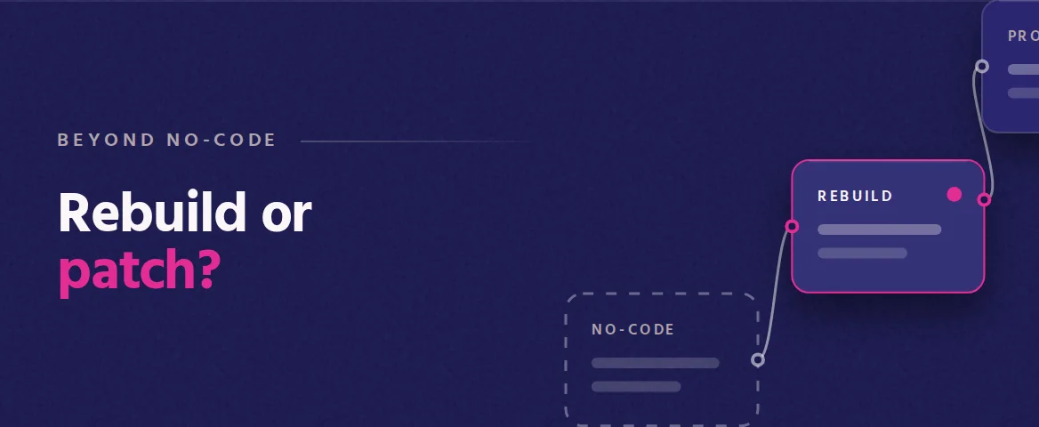 Rebuild or patch? Cover illustration: three stages from no-code through rebuild to production, with the rebuild stage highlighted.