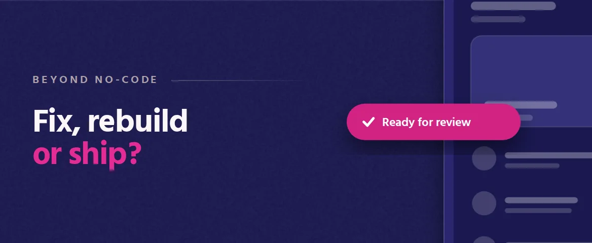 Fix, rebuild or ship? Cover illustration: an oversized phone showing an app screen, with a pink Ready for review pill.