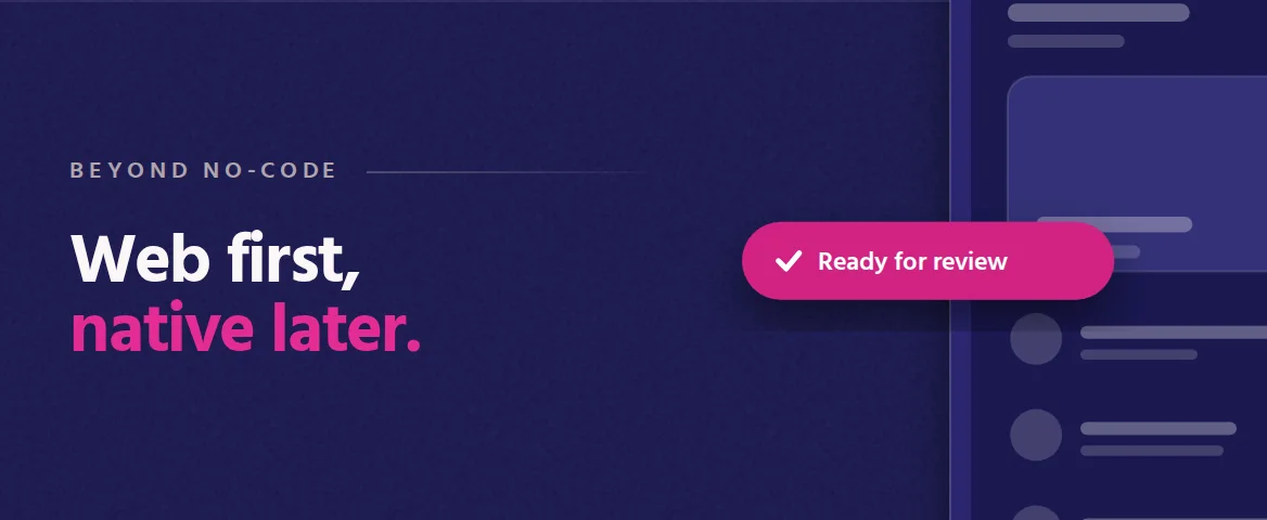 Web first, native later. Cover illustration: an oversized phone showing an app screen, with a pink Ready for review pill.