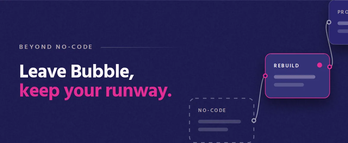 Leave Bubble, keep your runway. Cover illustration: three stages from no-code through rebuild to production, with the rebuild stage highlighted.