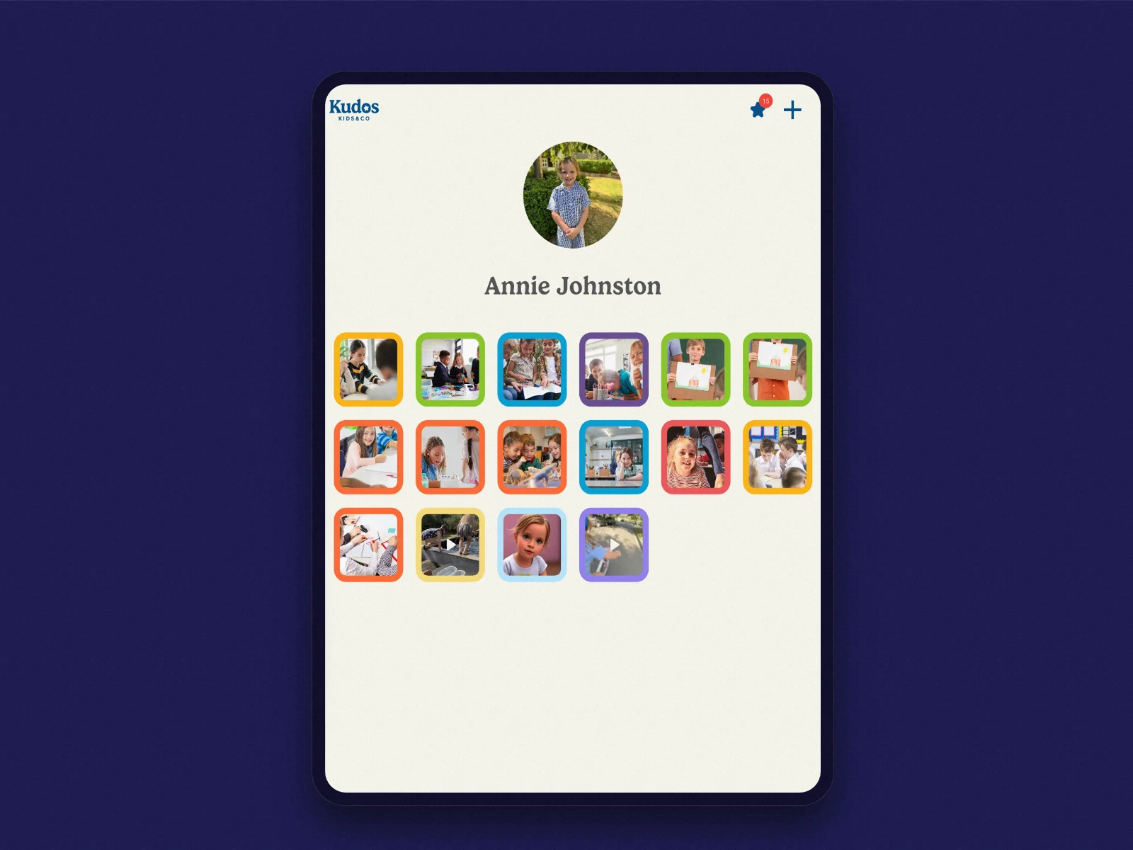 Kudos Kids classroom gallery on iPad, showing a student profile and their class photos