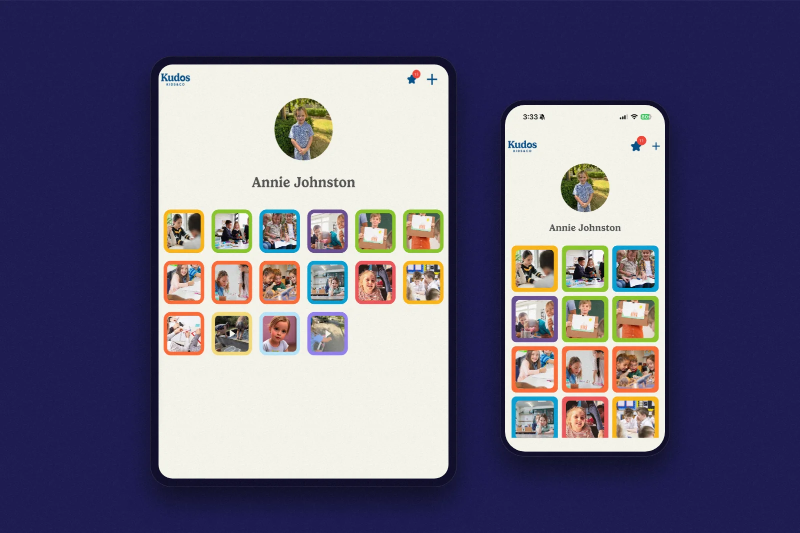 Kudos Kids classroom gallery on iPad and mobile, showing a student profile and their class photos