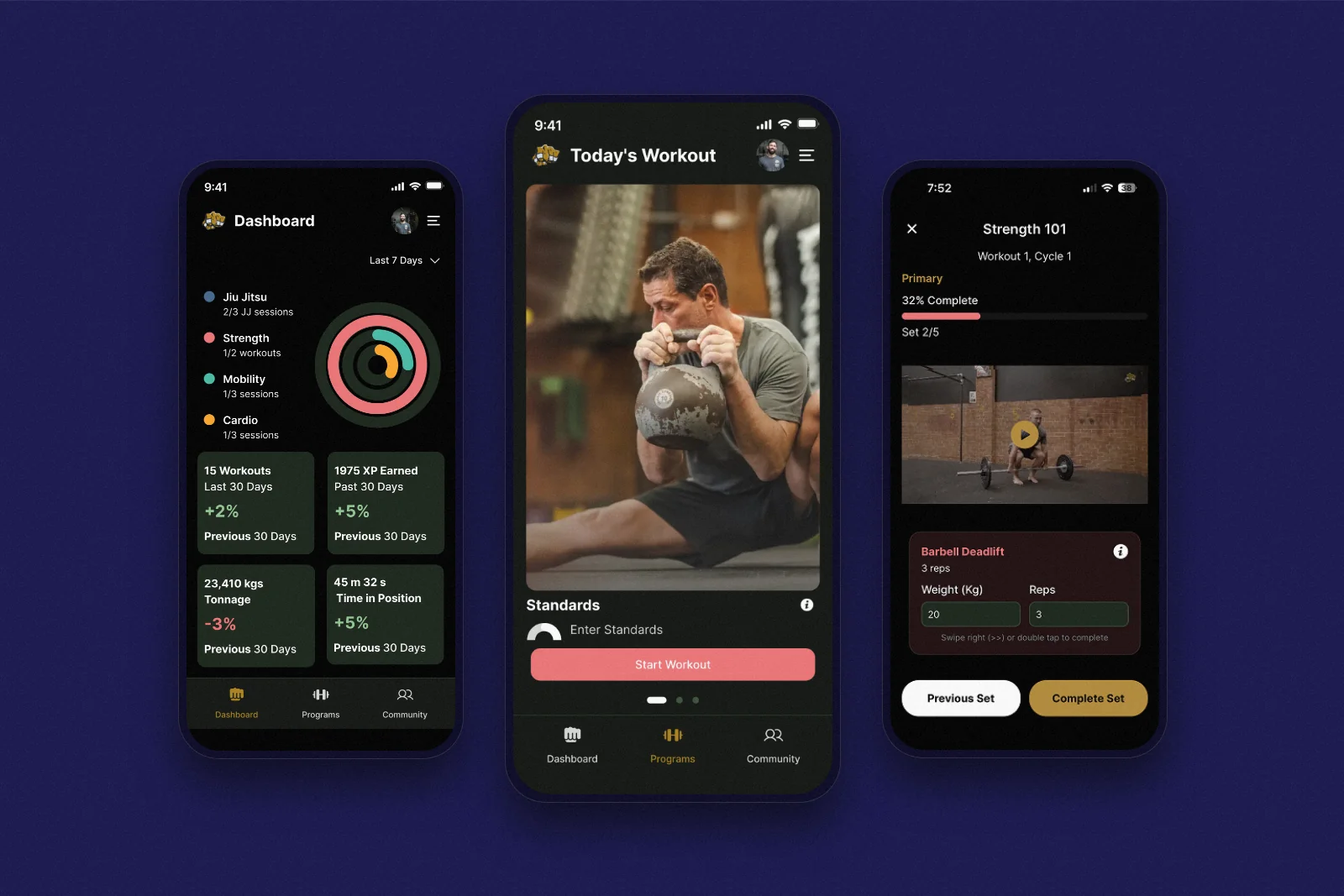 Bulletproof for BJJ app screens: the training dashboard, today's workout and a strength session in progress