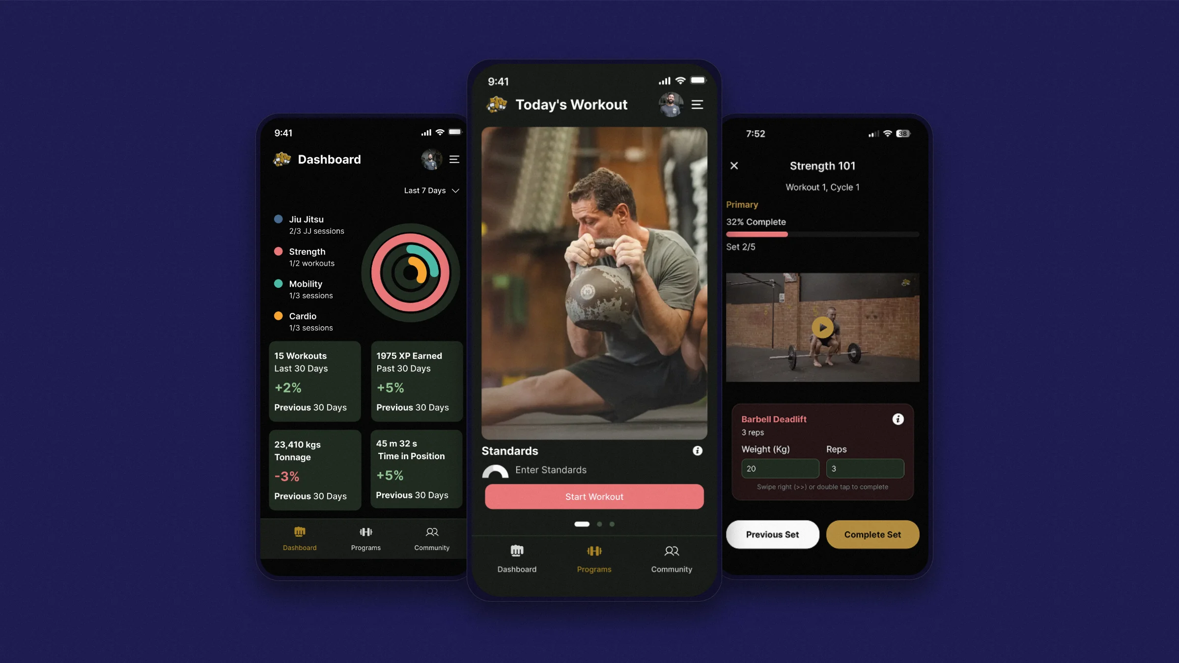 Bulletproof for BJJ app screens: the training dashboard, today's workout and a strength session in progress