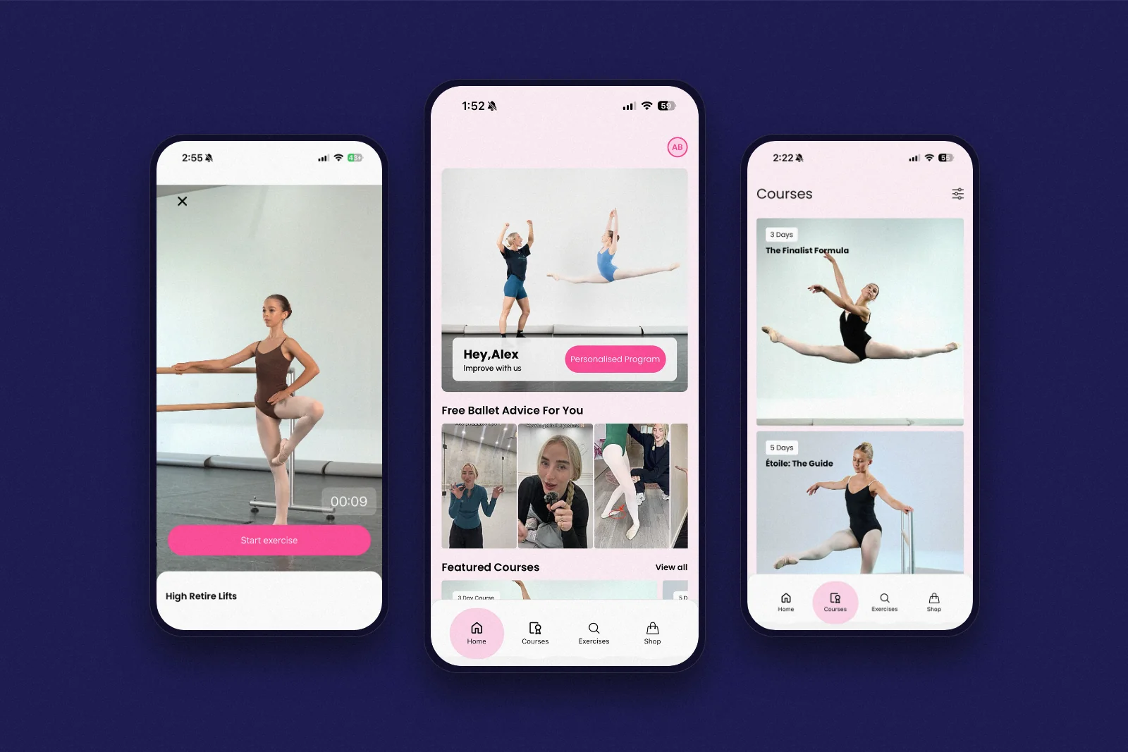 Claudia Dean World app screens: an exercise video, the ballet training home screen and the course library