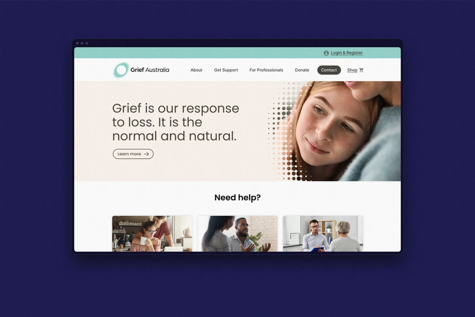 Grief Australia website homepage: navigation, the hero message on grief as a response to loss, and support pathways