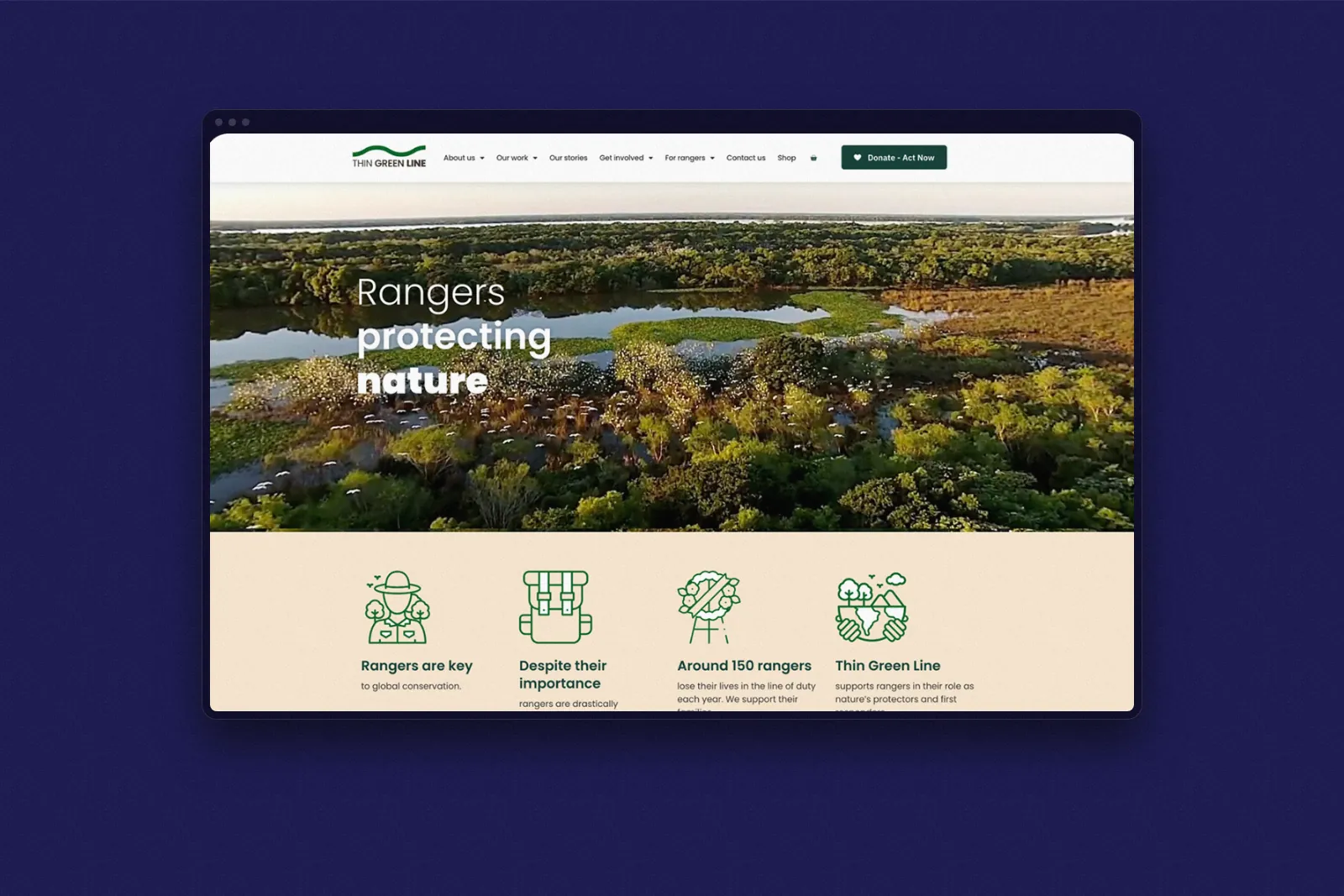 Thin Green Line website homepage with the Rangers protecting nature hero and key facts about rangers