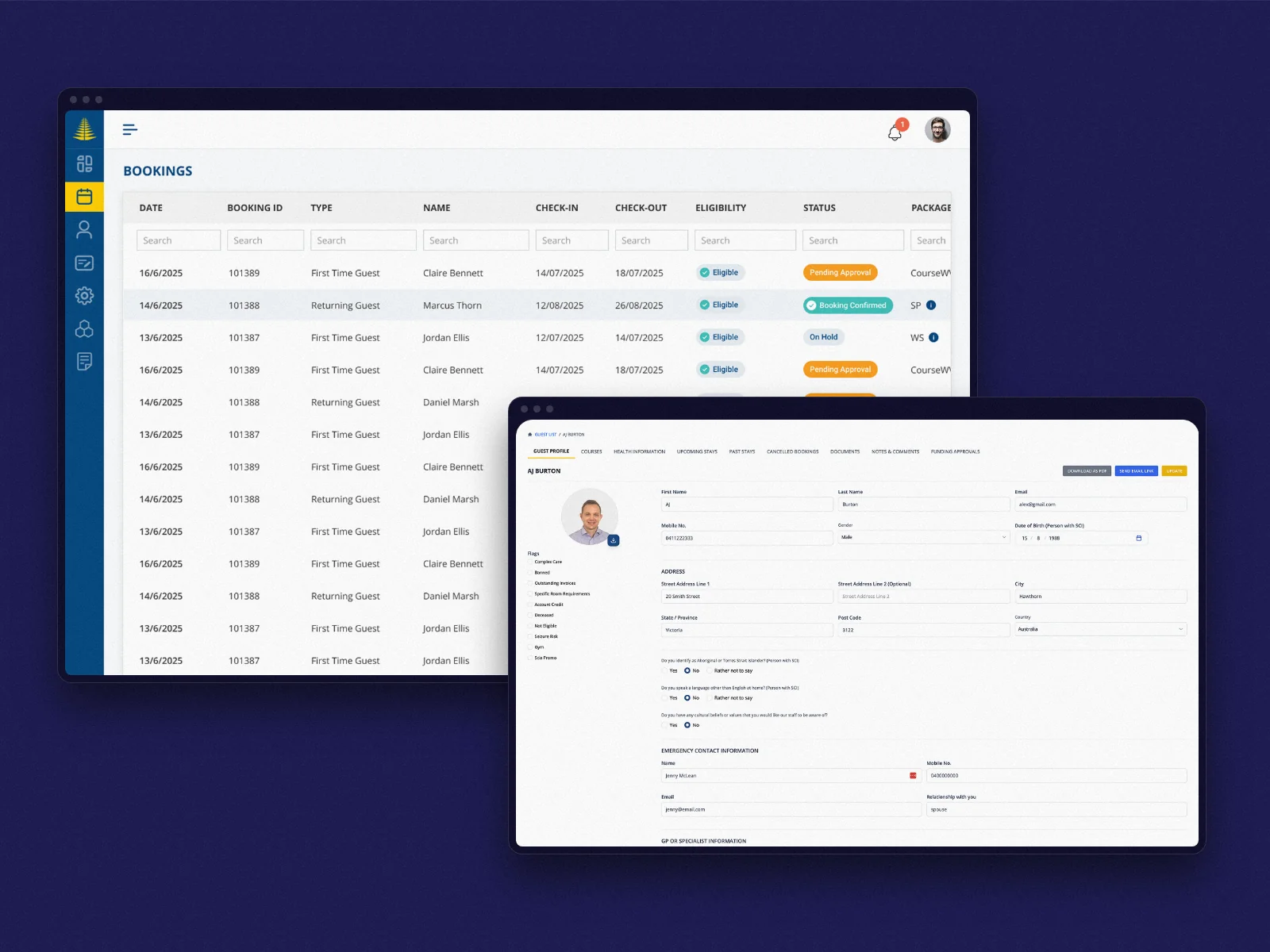 Sargood on Collaroy admin platform: the bookings table and a guest record with care and funding details