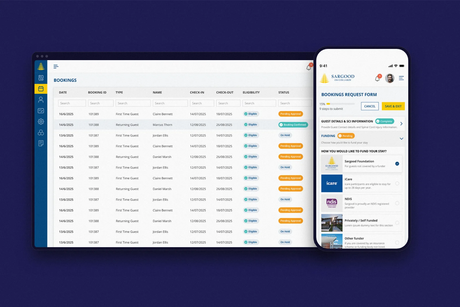 Sargood on Collaroy admin platform showing the bookings table, beside the guest booking request form on mobile