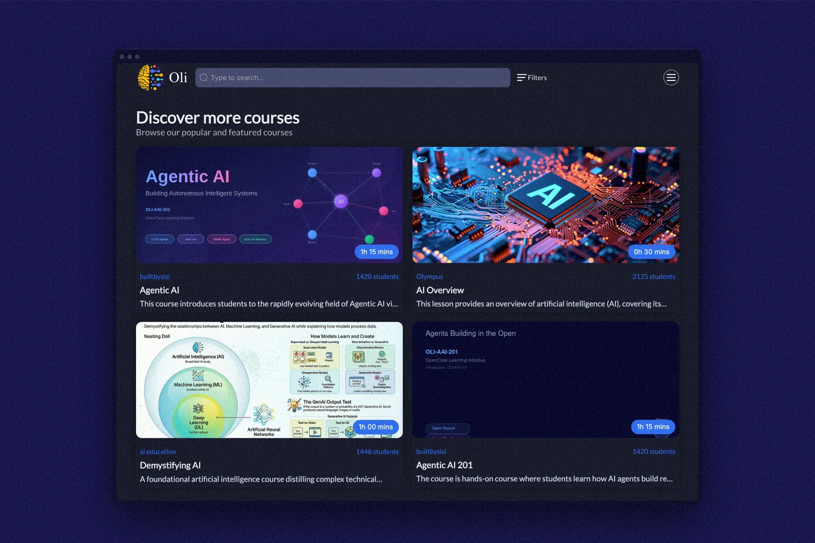 Oli learning platform course catalogue showing AI courses: Agentic AI, AI Overview, Demystifying AI and Agentic AI 201