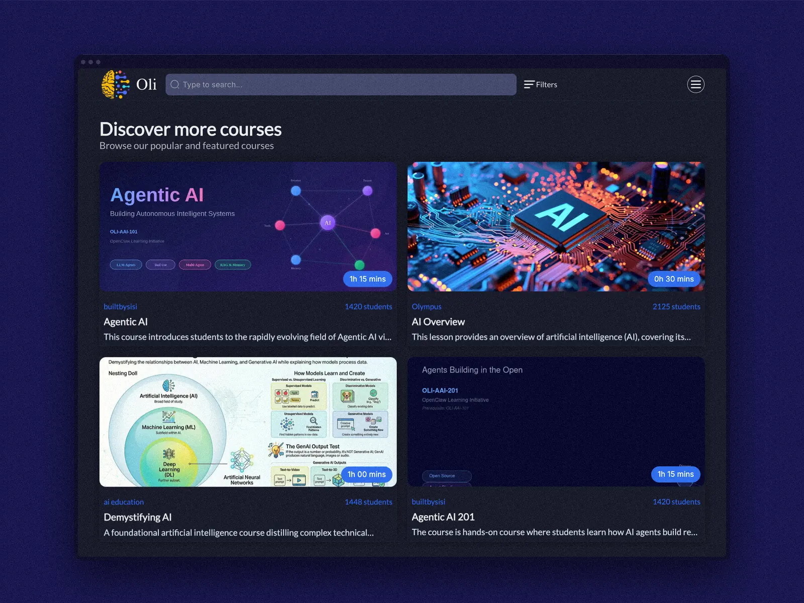 Oli learning platform course catalogue showing AI courses: Agentic AI, AI Overview, Demystifying AI and Agentic AI 201