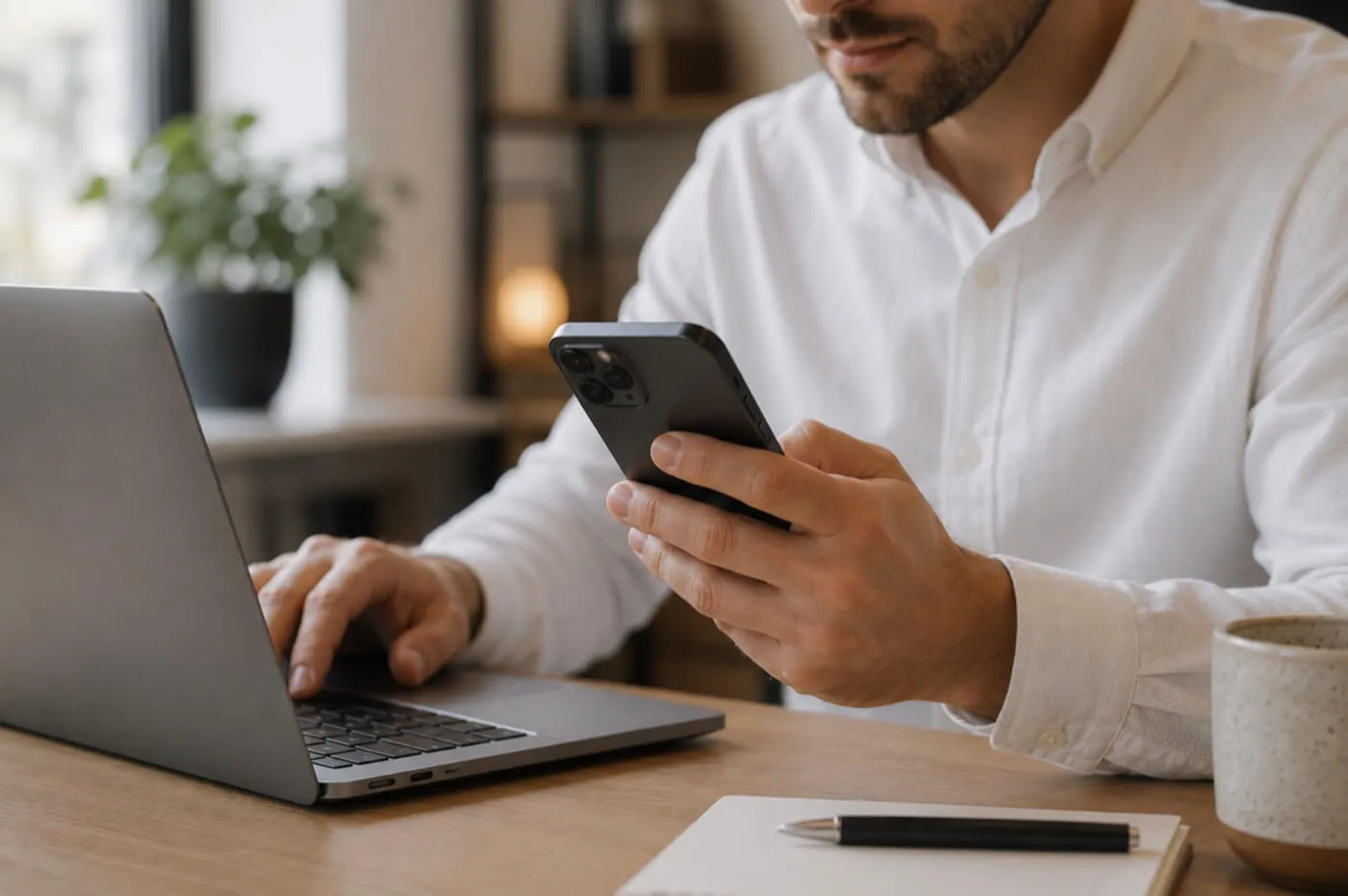 Strata manager reviewing a portfolio dashboard on a phone beside a laptop