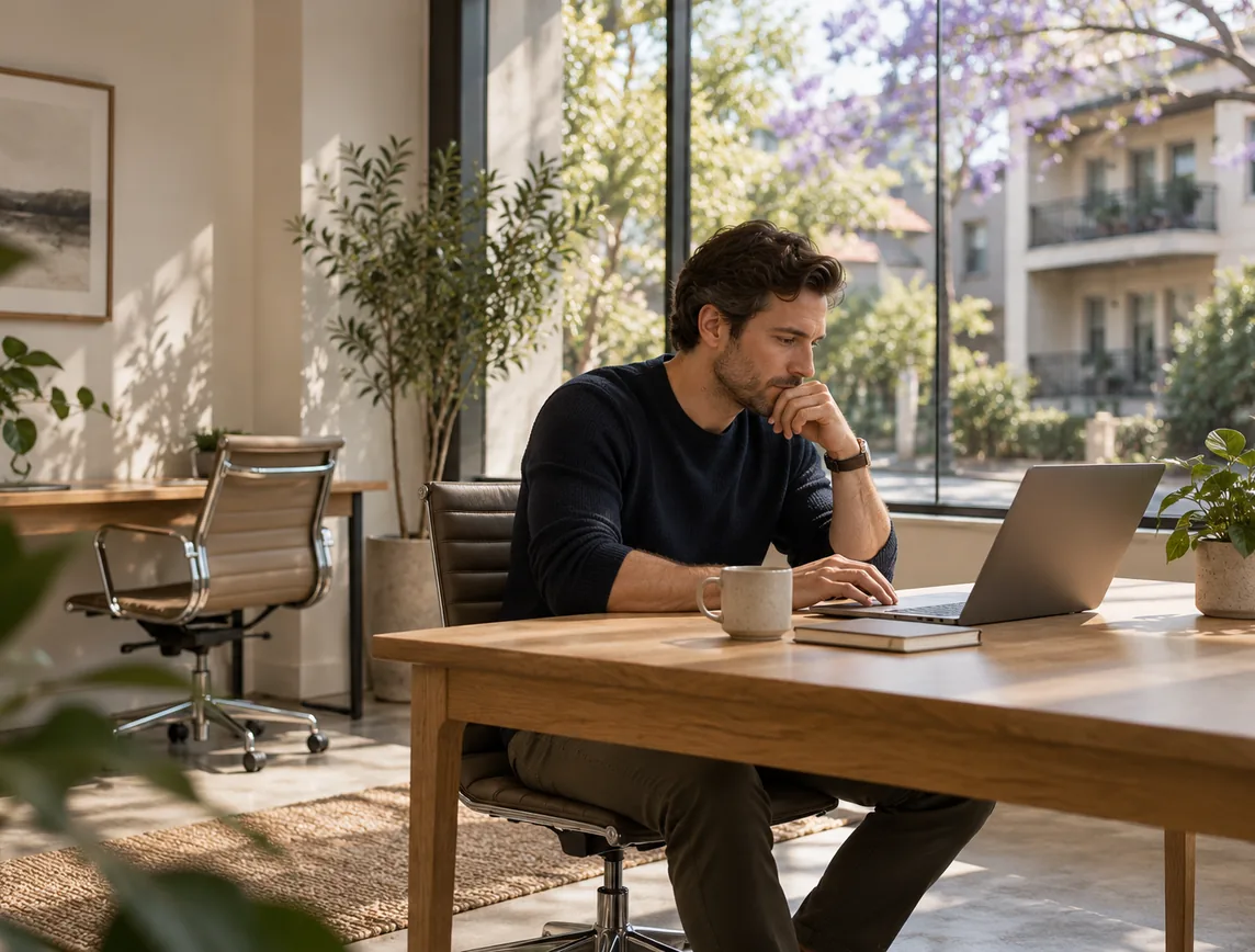 Founder of a new strata management firm working at a laptop in a small, light-filled office