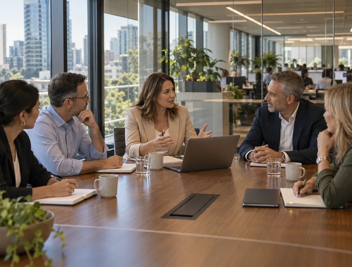 Strata firm leadership team meeting in a glass-walled boardroom