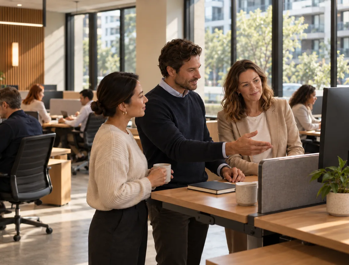 Operations manager and two strata managers in a quick stand-up check-in in an open-plan office