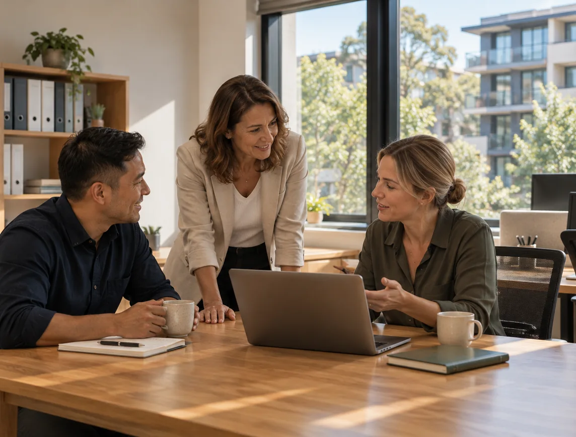 Three members of a small strata management team talking around a shared table