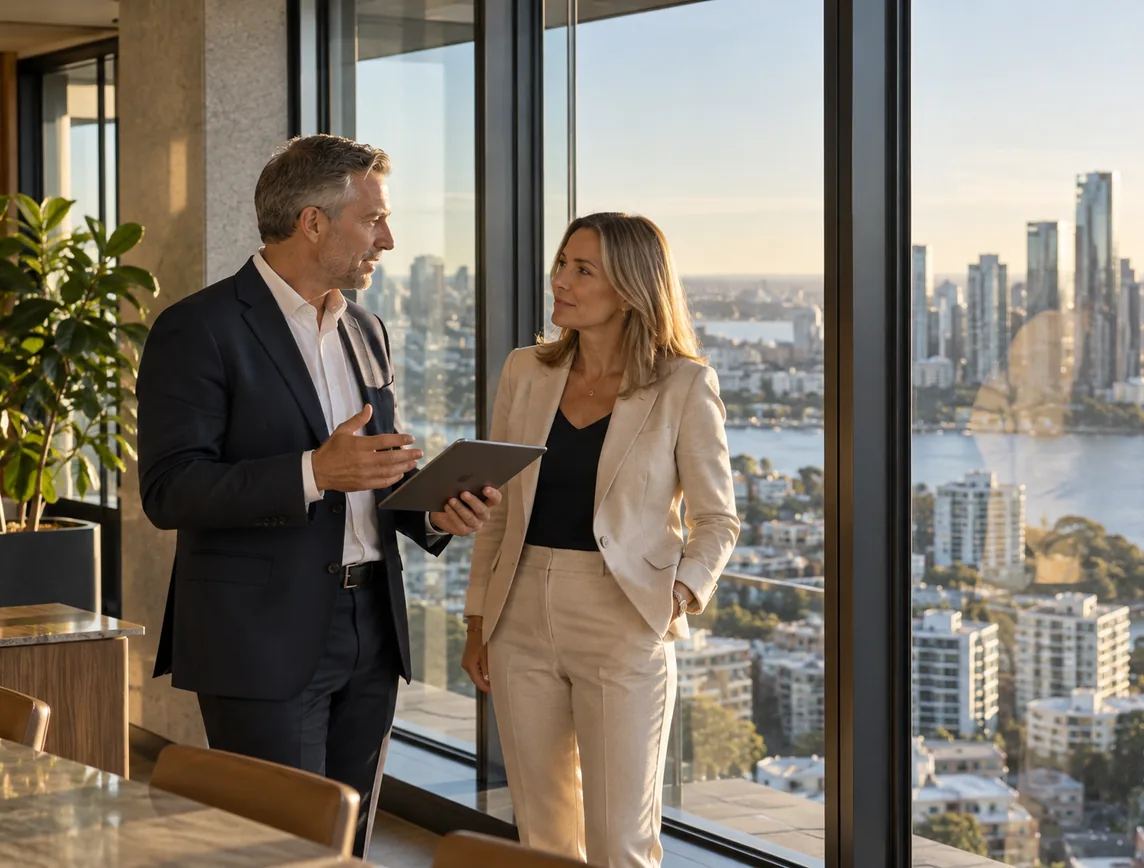Two senior executives talking at a high-rise window overlooking an Australian city