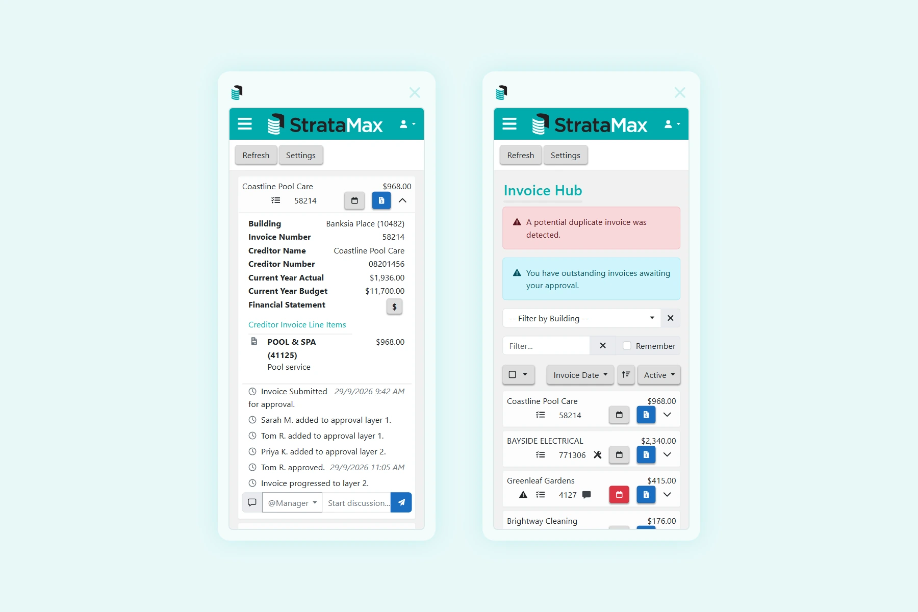 StrataMax Invoice Hub on a phone: an invoice's approval trail beside the list of invoices awaiting approval