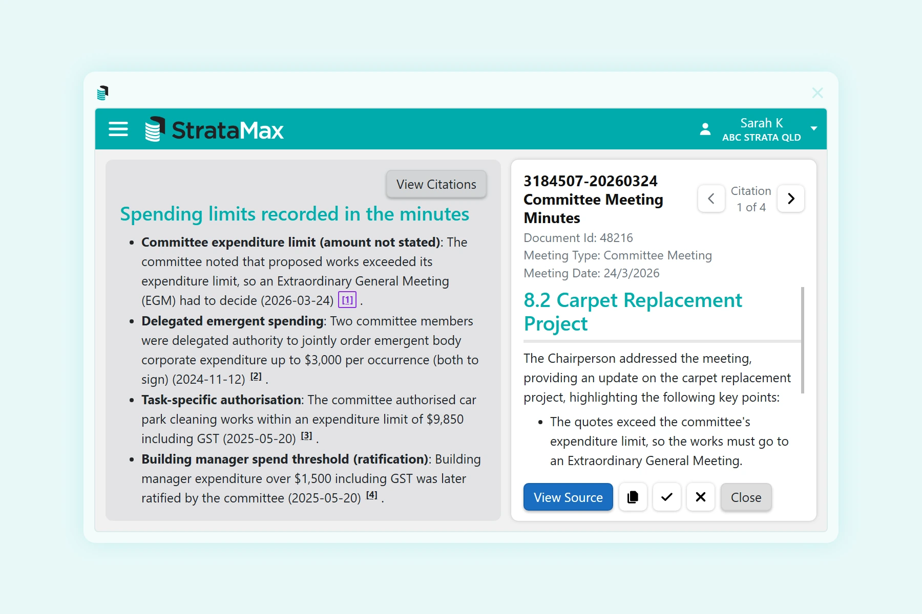 StrataMax AI Doc Query answer with citation chips, and the cited committee meeting minutes open beside it