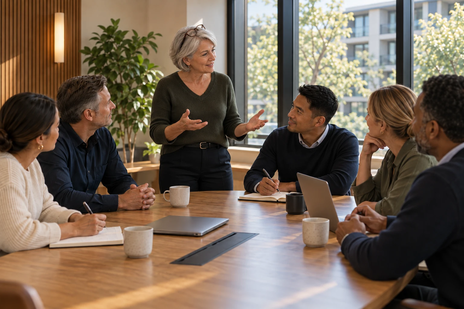 A trainer leading a live session with a strata firm's team around a meeting table
