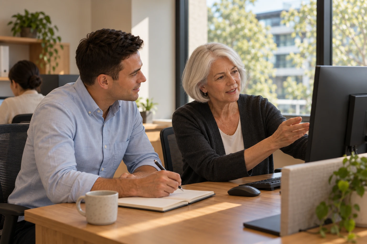 A product specialist taking notes while an experienced strata manager explains how her team works