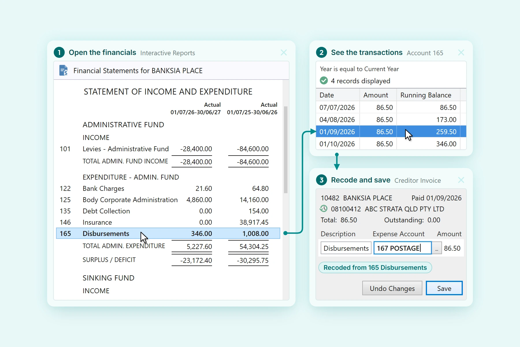 Three steps in StrataMax: open a building's financial statement, click Disbursements to see its transactions, then open an invoice to recode it