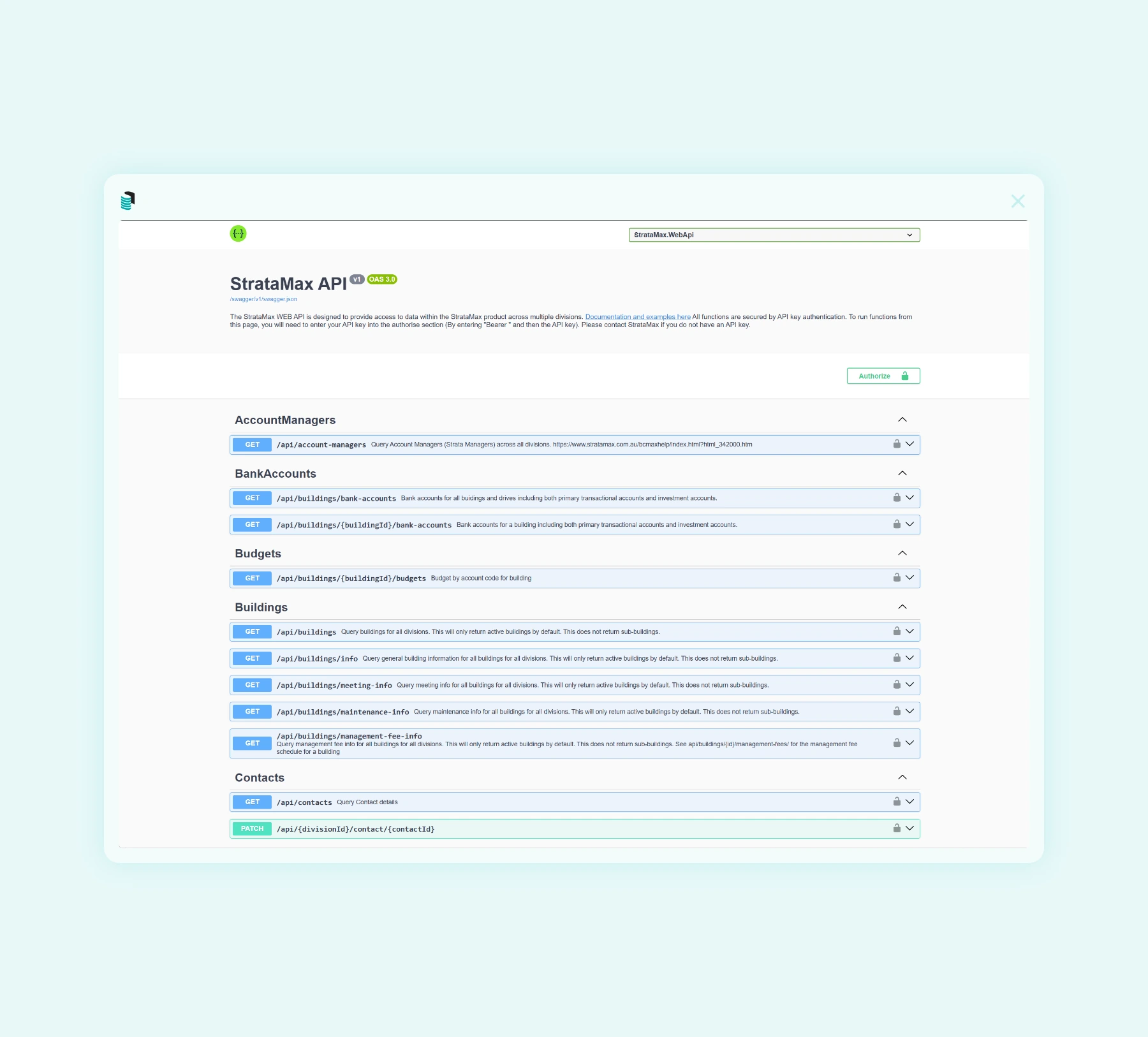 The StrataMax web-based API documentation, showing endpoint groups and OpenAPI 3.0