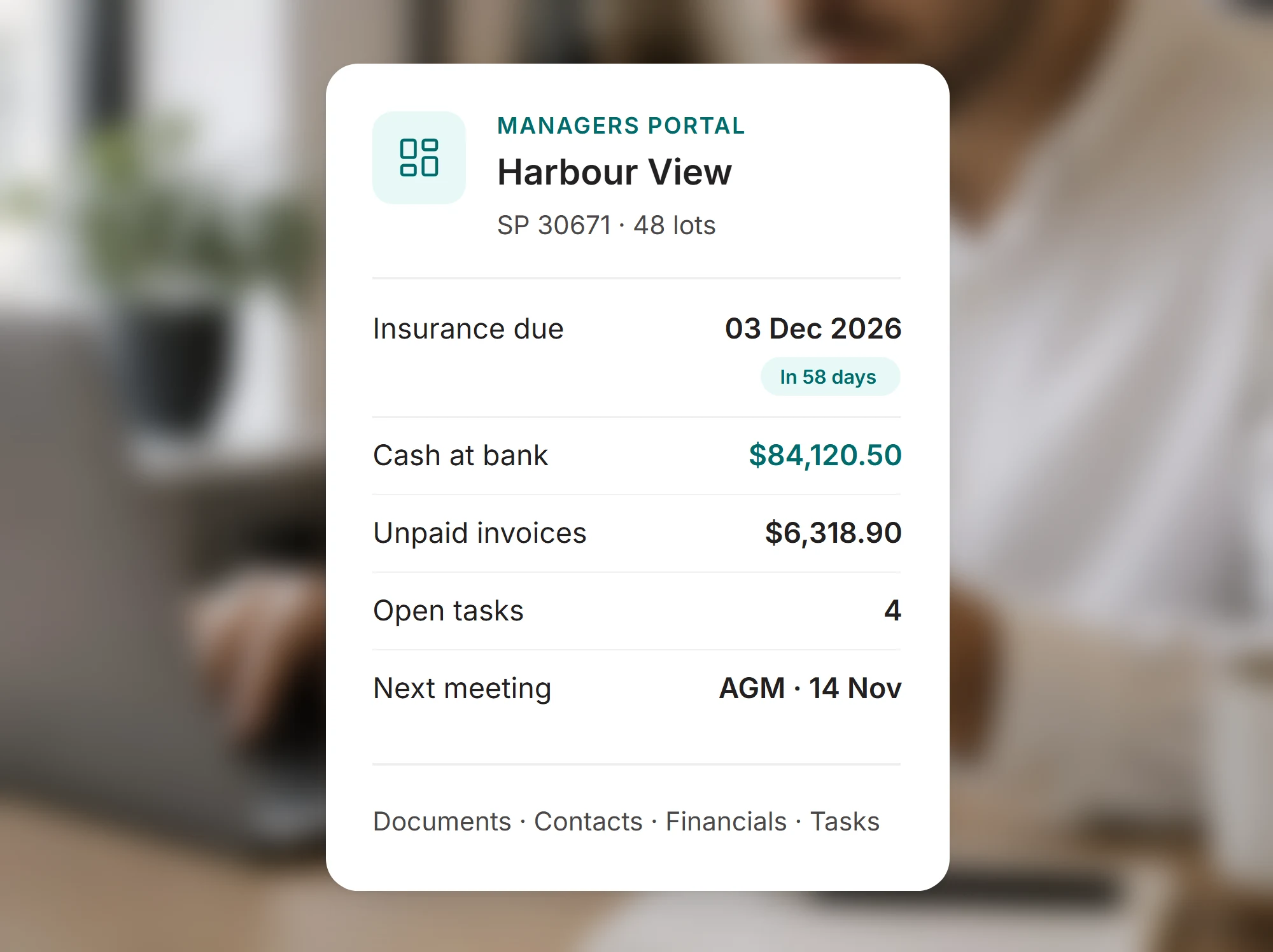 Managers Portal card for Harbour View: insurance due in 58 days, cash at bank, unpaid invoices, open tasks and the next AGM date