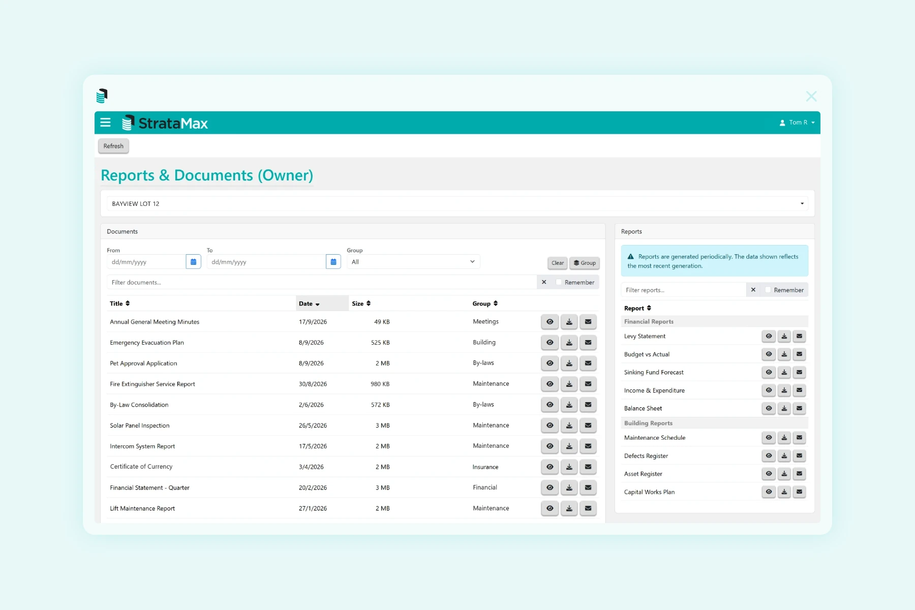 The StrataMax Owners Portal listing a building's documents and reports, from AGM minutes to the certificate of currency