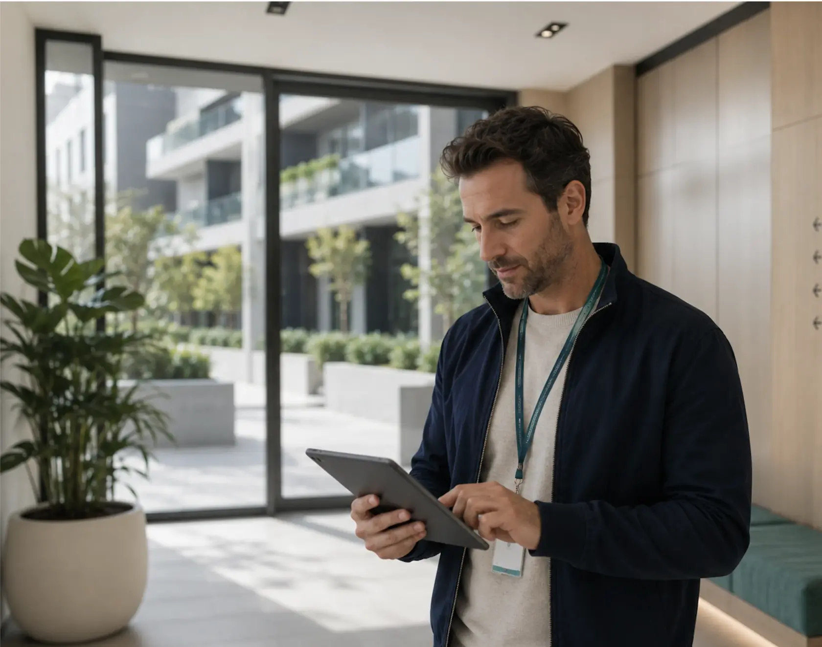 Building manager checking a tablet in an apartment lobby