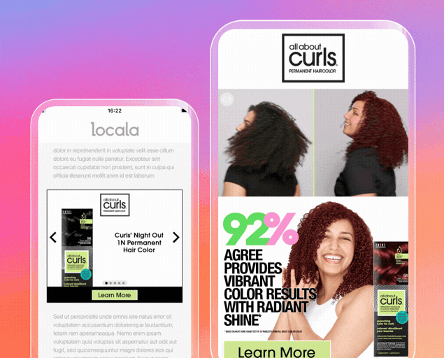 Side-by-side before and after images of a woman with curly hair showing darker, frizzier hair before and vibrant, glossy curls after using All About Curls permanent hair color. Text highlights that 92% agree it provides vibrant color results with radiant shine. The page also shows a product package and a call-to-action button labeled Learn More.