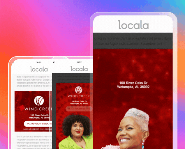 Two mobile phone screens displaying a website for Locala and Wind Creek, featuring the Wind Creek logo, address '100 River Oaks Dr, Wetumpka, AL 36092', and smiling women, one with curly hair and another with short, white hair, against a red background.
