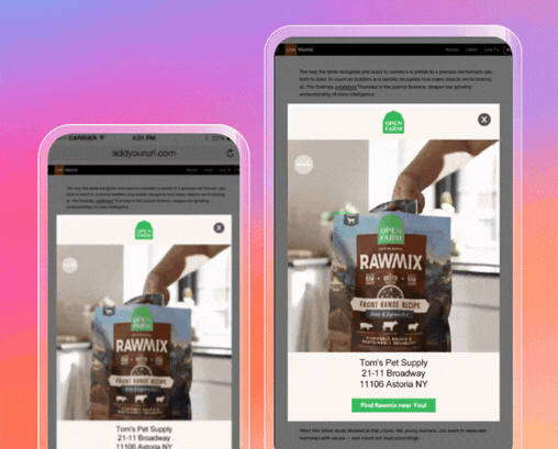 Animated GIF showing a mobile and a tablet screen displaying the Open Farm Rawmix pet food product page with contact details for Tom's Pet Supply, illustrating responsive website design adapting to different device screens.