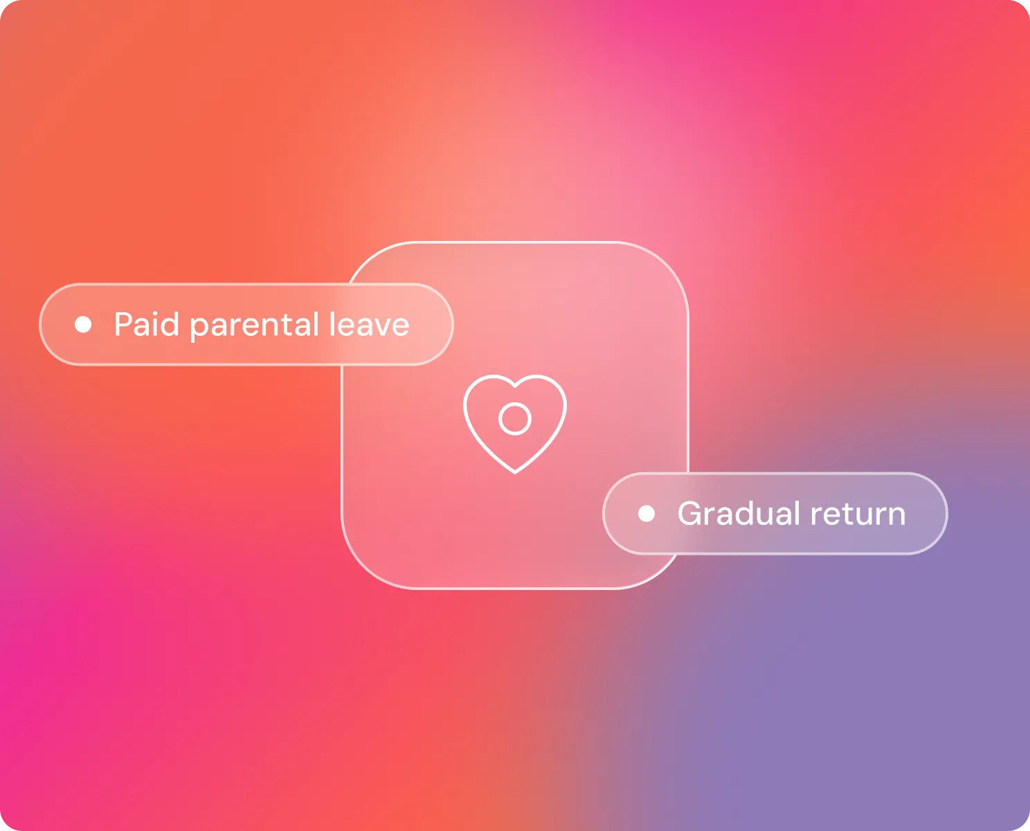 Graphic with a heart icon inside a rounded square, flanked by two speech bubble shapes containing the text 'Paid parental leave' on the left and 'Gradual return' on the right.