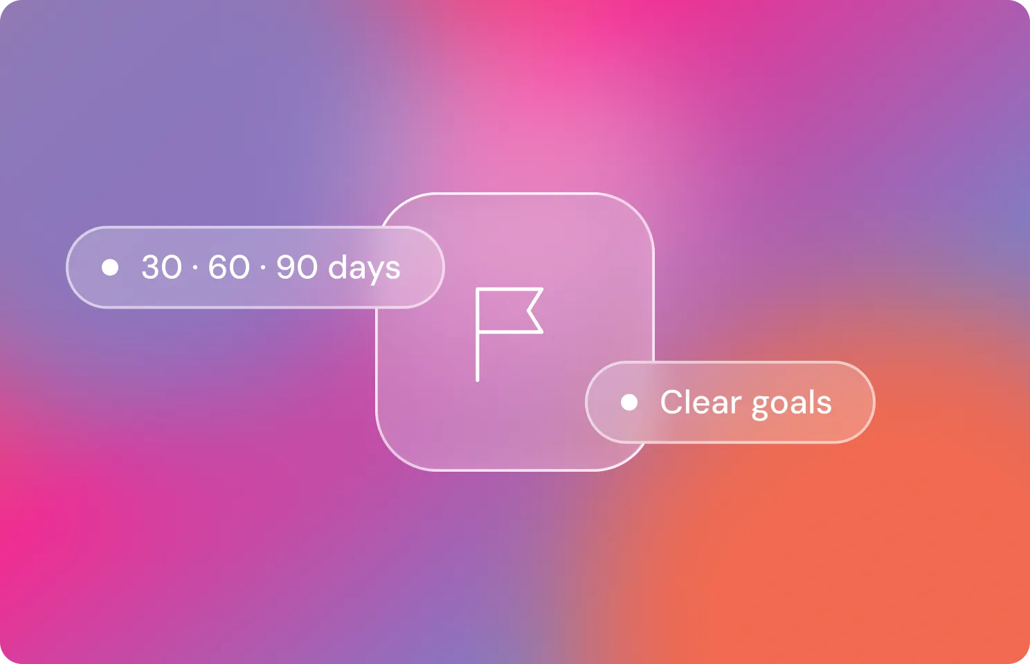 Illustration of a flag icon with two labels: '30 • 60 • 90 days' on the left and 'Clear goals' on the right.