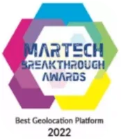 MarTech Breakthrough Awards logo featuring overlapping hexagons in teal, purple, blue, green, yellow, and magenta colors around the text, with the words 'Best Geolocation Platform 2022' below.