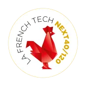 Stylized red rooster graphic in the center encircled by the text 'LA FRENCH TECH NEXT40/120' in black and gold lettering.