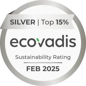 EcoVadis Sustainability Rating badge showing a Silver award for the top 15%, valid until February 2025.