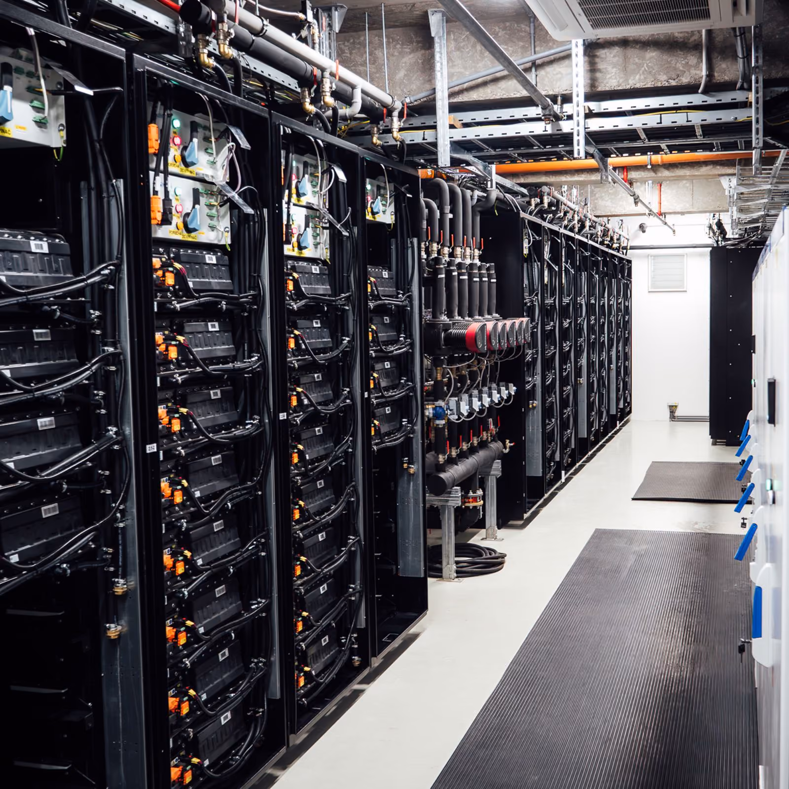 Vnitřní technologická místnost s řadami bateriových racků a kabelovými rozvody.