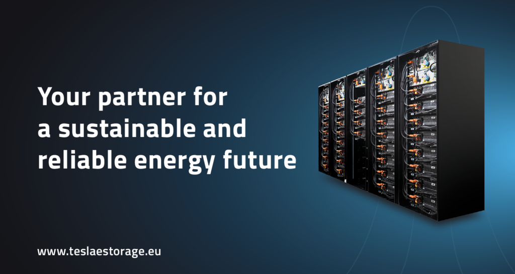 Kontajnerové batériové úložisko TESLA s textom Your partner for a sustainable and reliable energy future