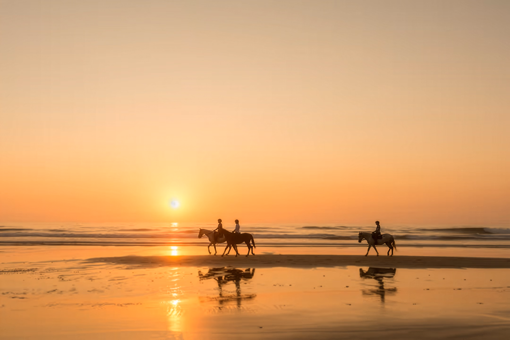 Trois cavaliers lors d’une randonnée équestre guidée traversent le sable humide d’une plage, reflétant les couleurs vives du soleil couchant.