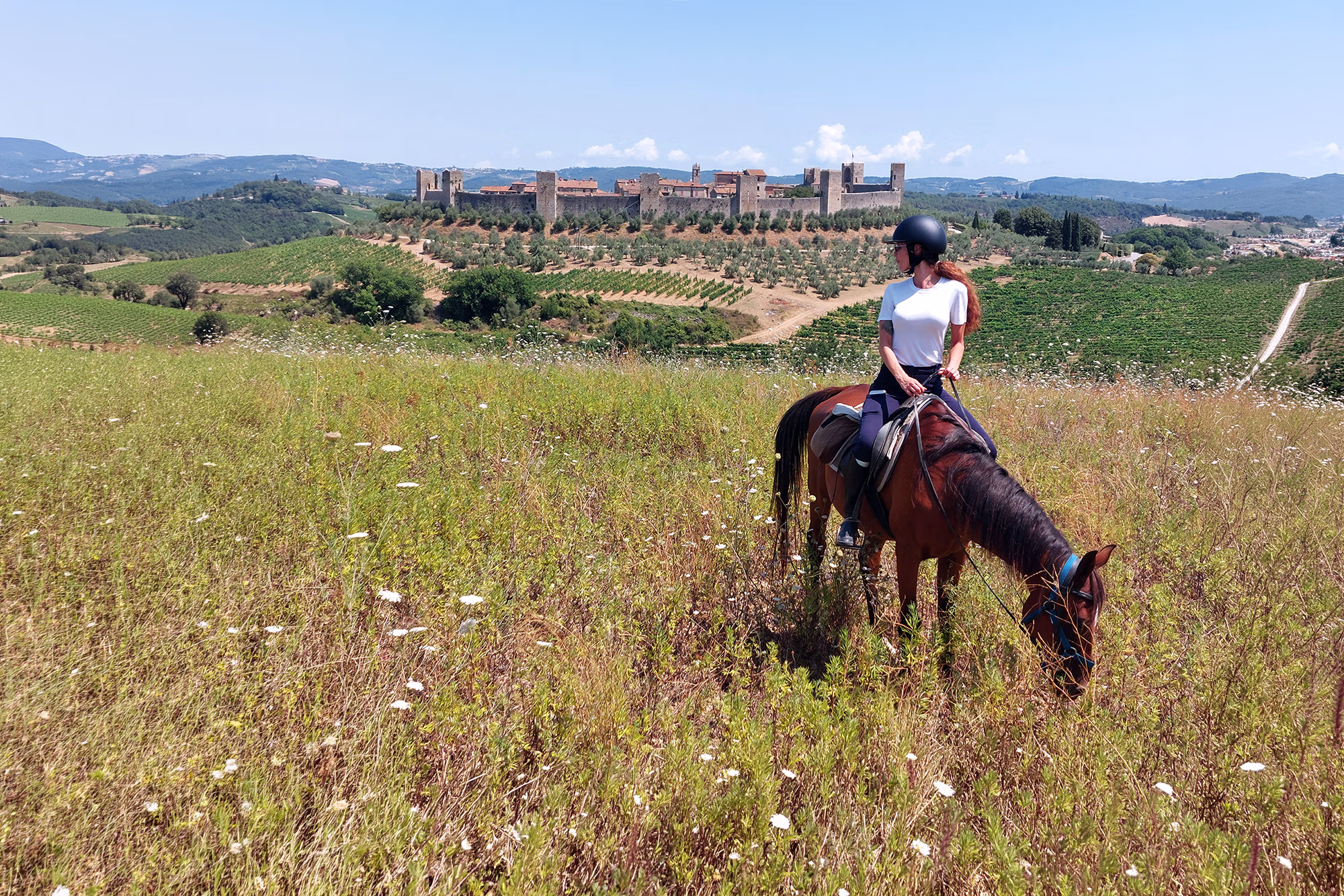Un cavalier et son cheval devant un château toscan.